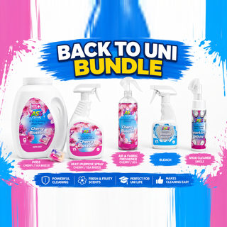 Yass Clean Back To Uni Bundle Cherry Blossom - laundry pods, multi-purpose spray, air and fabric freshener, bleach spray and shoe cleaner