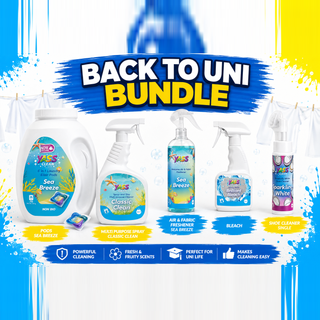 Yass Clean Back To Uni Bundle Sea Breeze - laundry pods, Classic Clean multi-purpose spray, air and fabric freshener, bleach spray and shoe cleaner