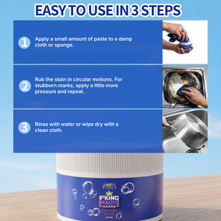 How to use the cleaning paste: apply with a damp sponge, rub and rinse