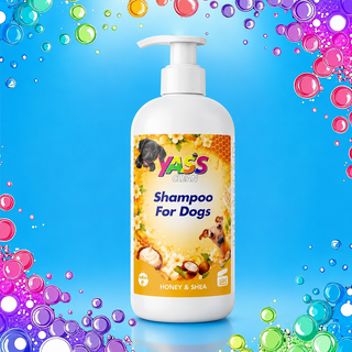 Yass Pets Honey and Shea Shampoo for Dogs 500ml on colourful bubble background